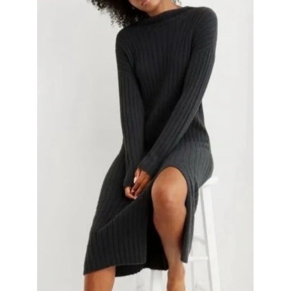 Aerie So Soft Ribbed Knit Midi Maxi Sweater Dress Medium Charcoal Gray Mock Neck